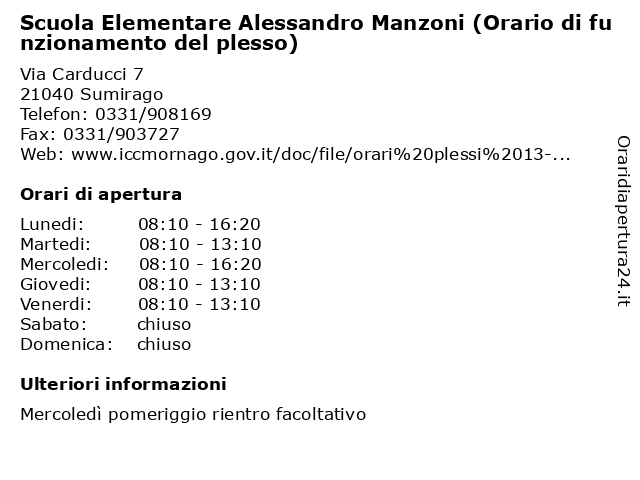 Scuola Elementare Alessandro Manzoni (Orario di funzionamento del plesso) a Sumirago: indirizzo e orari di apertura