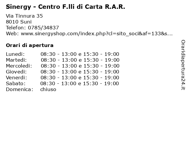 Sinergy - Centro F.lli di Carta R.A.R. a Suni: indirizzo e orari di apertura