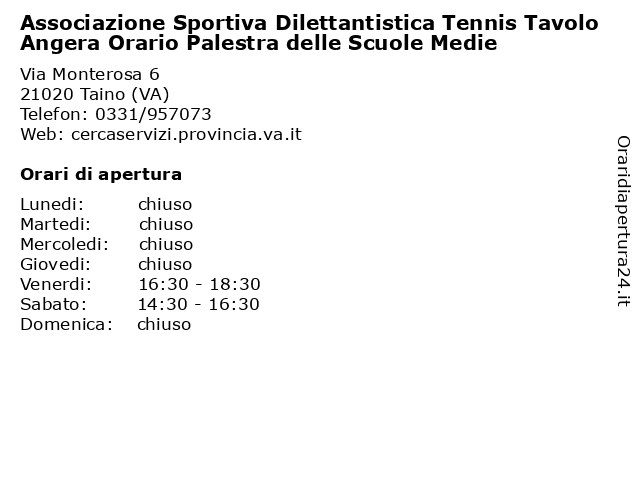 Associazione Sportiva Dilettantistica Tennis Tavolo Angera Orario Palestra delle Scuole Medie a Taino (VA): indirizzo e orari di apertura