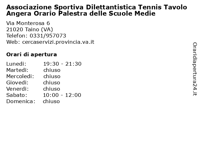 Associazione Sportiva Dilettantistica Tennis Tavolo Angera Orario Palestra delle Scuole Medie a Taino (VA): indirizzo e orari di apertura