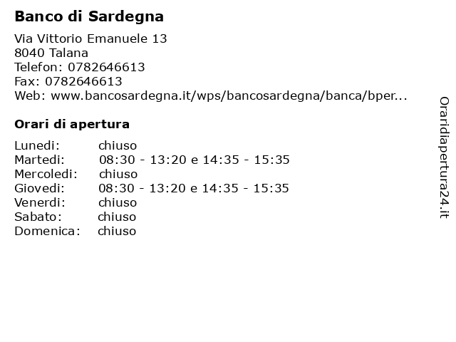 Banco di Sardegna a Talana: indirizzo e orari di apertura