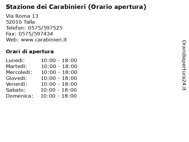 Stazione dei Carabinieri (Orario apertura) a Talla: indirizzo e orari di apertura