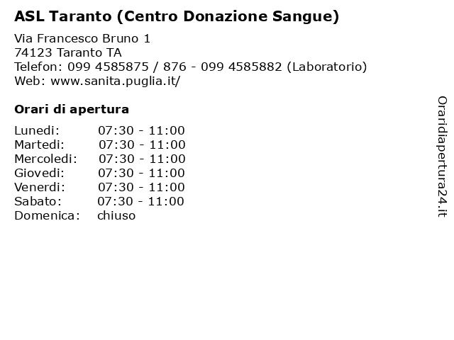 ASL Taranto (Centro Donazione Sangue) a Taranto TA: indirizzo e orari di apertura