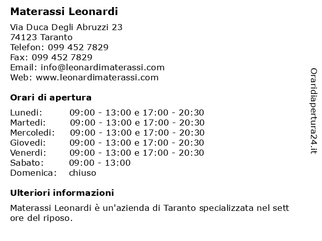 Leonardi Materassi Taranto.ᐅ Orari Materassi Leonardi Via Duca Degli Abruzzi 23 74123 Taranto