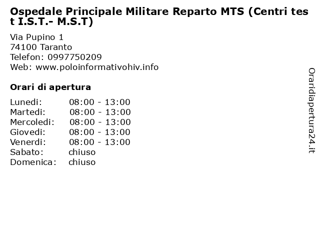 Ospedale Principale Militare Reparto MTS (Centri test I.S.T.- M.S.T) a Taranto: indirizzo e orari di apertura