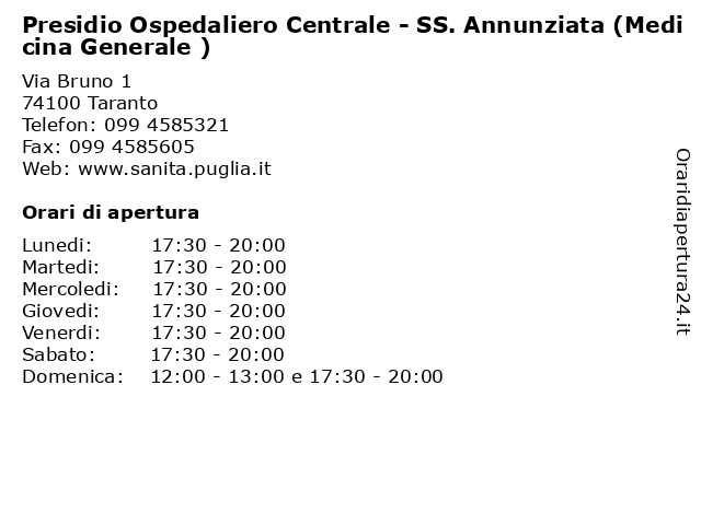 Presidio Ospedaliero Centrale - SS. Annunziata (Medicina Generale ) a Taranto: indirizzo e orari di apertura