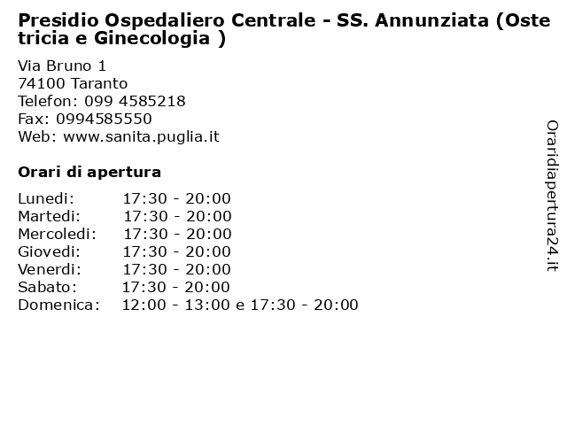 Presidio Ospedaliero Centrale - SS. Annunziata (Ostetricia e Ginecologia ) a Taranto: indirizzo e orari di apertura