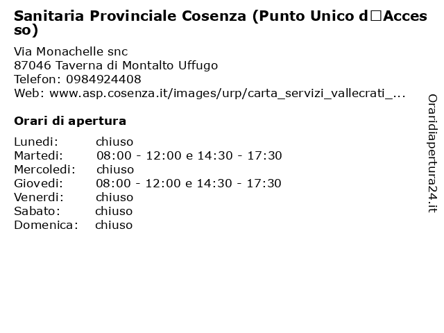 Sanitaria Provinciale Cosenza (Punto Unico d’Accesso) a Taverna di Montalto Uffugo: indirizzo e orari di apertura