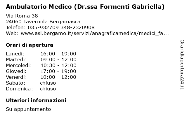 Ambulatorio Medico (Dr.ssa Formenti Gabriella) a Tavernola Bergamasca: indirizzo e orari di apertura