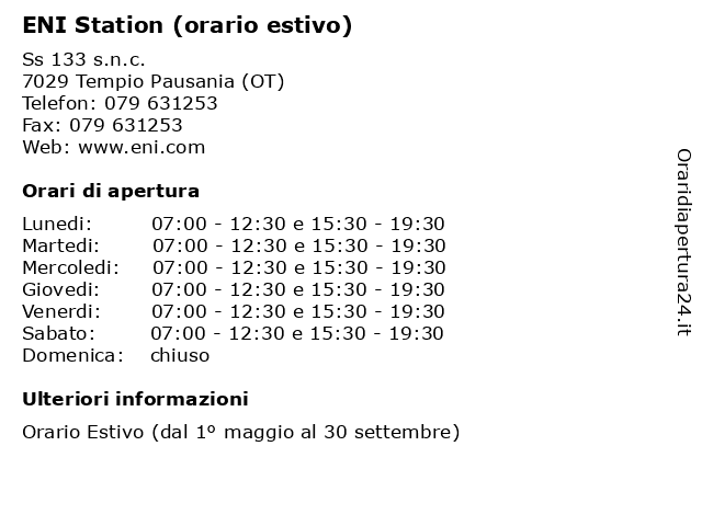 ENI Station (orario estivo) a Tempio Pausania (OT): indirizzo e orari di apertura