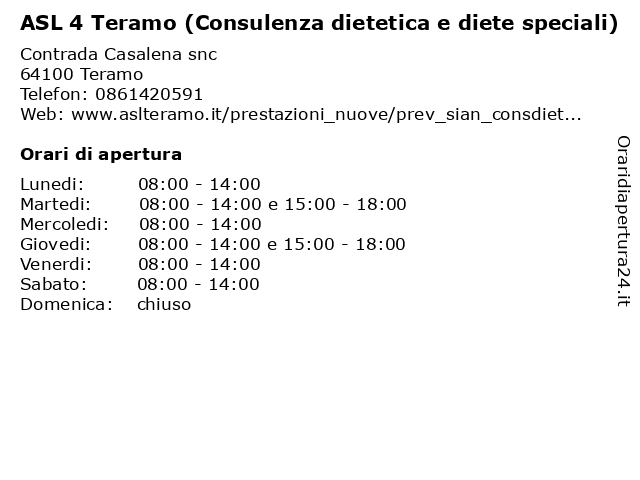 ASL 4 Teramo (Consulenza dietetica e diete speciali) a Teramo: indirizzo e orari di apertura