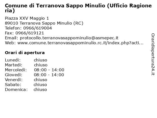 Comune di Terranova Sappo Minulio (Ufficio Ragioneria) a Terranova Sappo Minulio (RC): indirizzo e orari di apertura
