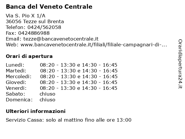 Banca del Veneto Centrale a Tezze sul Brenta: indirizzo e orari di apertura