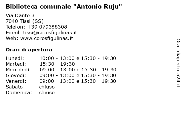 Biblioteca comunale "Antonio Ruju" a Tissi (SS): indirizzo e orari di apertura