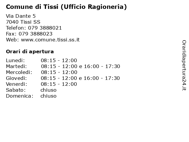 Comune di Tissi (Ufficio Ragioneria) a Tissi SS: indirizzo e orari di apertura