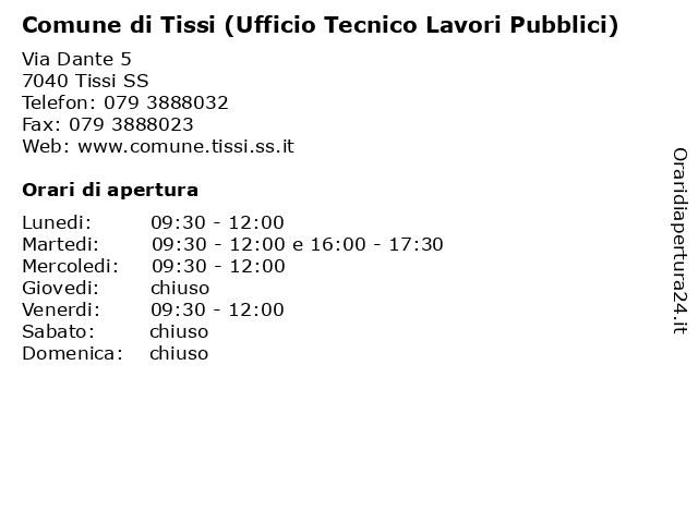 Comune di Tissi (Ufficio Tecnico Lavori Pubblici) a Tissi SS: indirizzo e orari di apertura