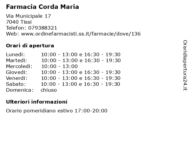 Farmacia Corda Maria a Tissi: indirizzo e orari di apertura