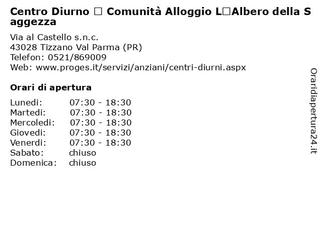 Centro Diurno – Comunità Alloggio L’Albero della Saggezza a Tizzano Val Parma (PR): indirizzo e orari di apertura