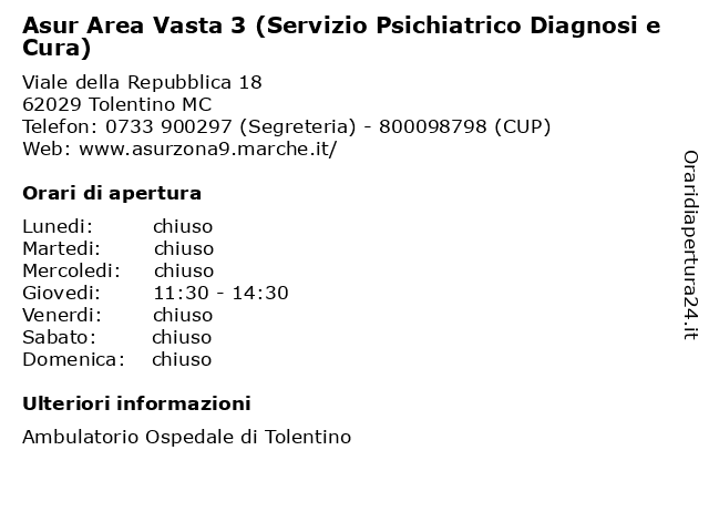 Asur Area Vasta 3 (Servizio Psichiatrico Diagnosi e Cura) a Tolentino MC: indirizzo e orari di apertura