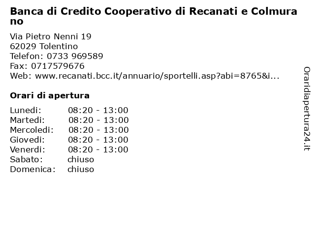 Banca di Credito Cooperativo di Recanati e Colmurano a Tolentino: indirizzo e orari di apertura