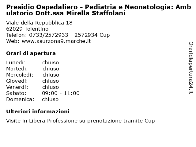 Presidio Ospedaliero - Pediatria e Neonatologia: Ambulatorio Dott.ssa Mirella Staffolani a Tolentino: indirizzo e orari di apertura