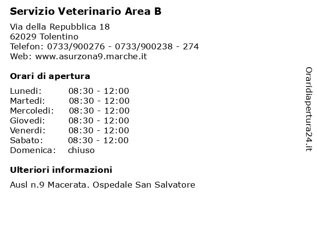 Servizio Veterinario Area B a Tolentino: indirizzo e orari di apertura