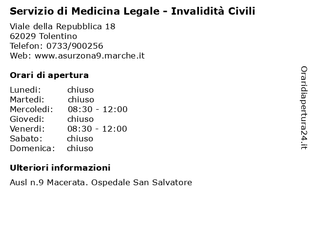 Servizio di Medicina Legale - Invalidità Civili a Tolentino: indirizzo e orari di apertura