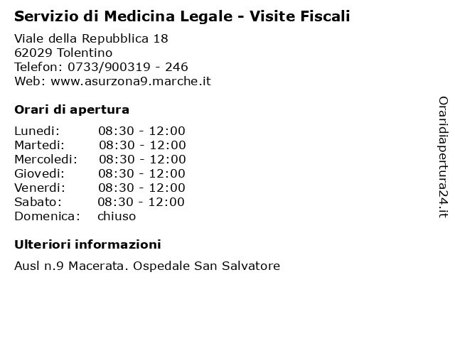 Servizio di Medicina Legale - Visite Fiscali a Tolentino: indirizzo e orari di apertura