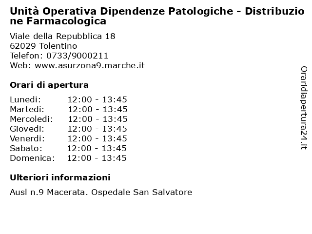 Unità Operativa Dipendenze Patologiche - Distribuzione Farmacologica a Tolentino: indirizzo e orari di apertura