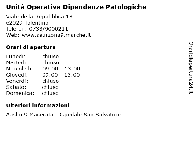 Unità Operativa Dipendenze Patologiche a Tolentino: indirizzo e orari di apertura