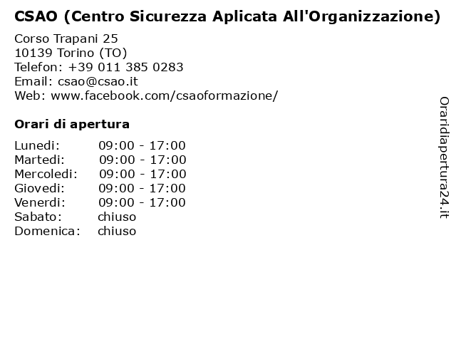 CSAO (Centro Sicurezza Aplicata All'Organizzazione) a Torino (TO): indirizzo e orari di apertura