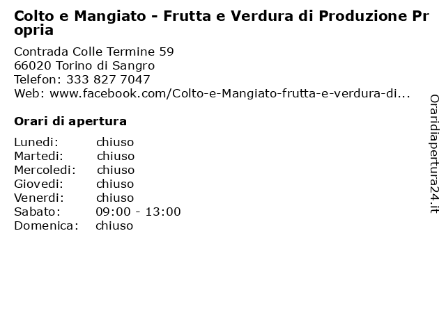 Colto e Mangiato - Frutta e Verdura di Produzione Propria a Torino di Sangro: indirizzo e orari di apertura