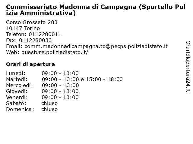 Commissariato Madonna di Campagna (Sportello Polizia Amministrativa) a Torino: indirizzo e orari di apertura