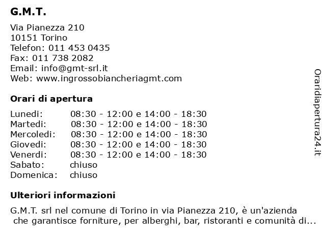 G.M.T. a Torino: indirizzo e orari di apertura