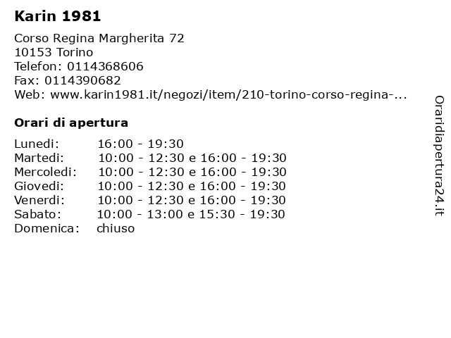 ᐅ Orari Karin 1981 Corso Regina Margherita 72 Torino