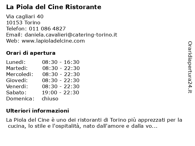 La Piola del Cine Ristorante a Torino: indirizzo e orari di apertura