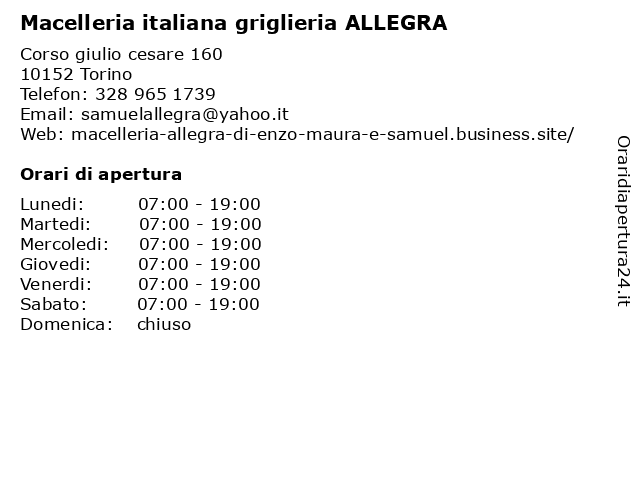 Macelleria italiana griglieria ALLEGRA a Torino: indirizzo e orari di apertura