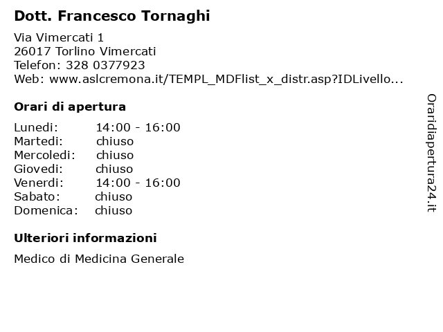 Dott. Francesco Tornaghi a Torlino Vimercati: indirizzo e orari di apertura