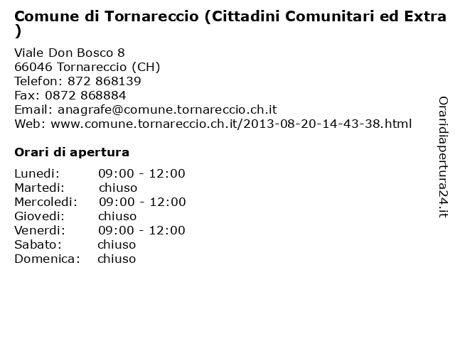 Comune di Tornareccio (Cittadini Comunitari ed Extra) a Tornareccio (CH): indirizzo e orari di apertura