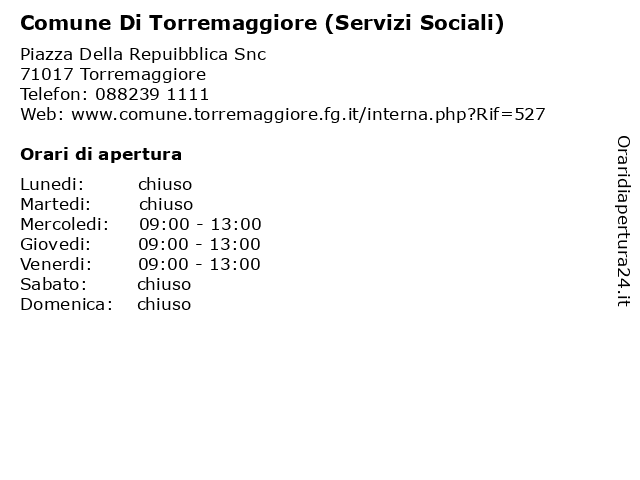 Comune Di Torremaggiore (Servizi Sociali) a Torremaggiore: indirizzo e orari di apertura