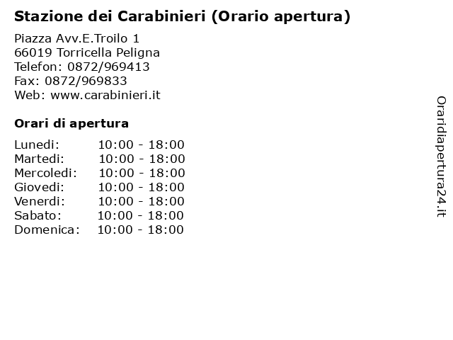 Stazione dei Carabinieri (Orario apertura) a Torricella Peligna: indirizzo e orari di apertura