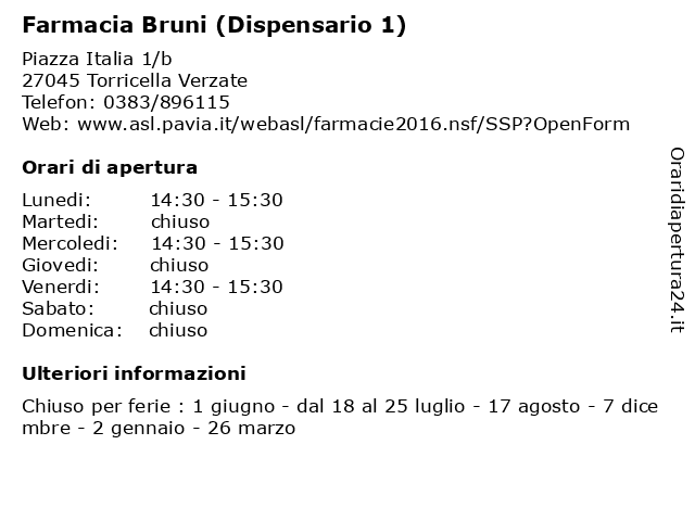 Farmacia Bruni (Dispensario 1) a Torricella Verzate: indirizzo e orari di apertura