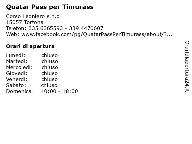 Quatar Pass per Timurass a Tortona: indirizzo e orari di apertura