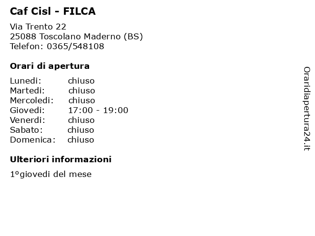Caf Cisl - FILCA a Toscolano Maderno (BS): indirizzo e orari di apertura