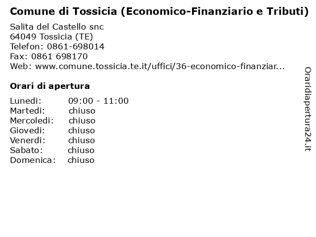 Comune di Tossicia (Economico-Finanziario e Tributi) a Tossicia (TE): indirizzo e orari di apertura