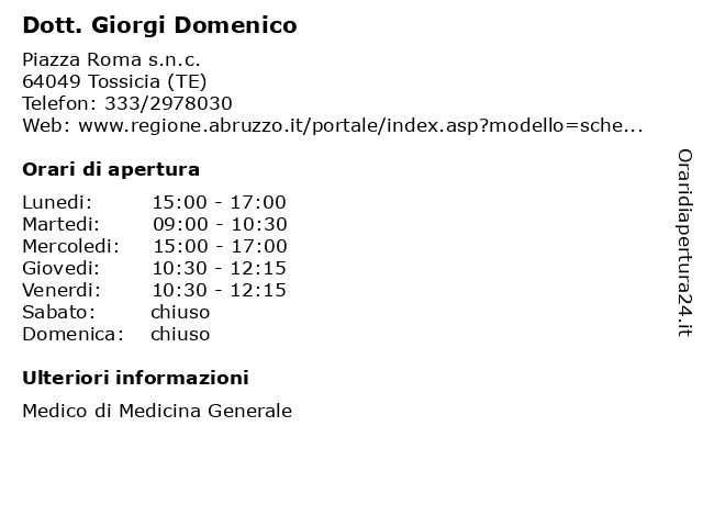 Dott. Giorgi Domenico a Tossicia (TE): indirizzo e orari di apertura