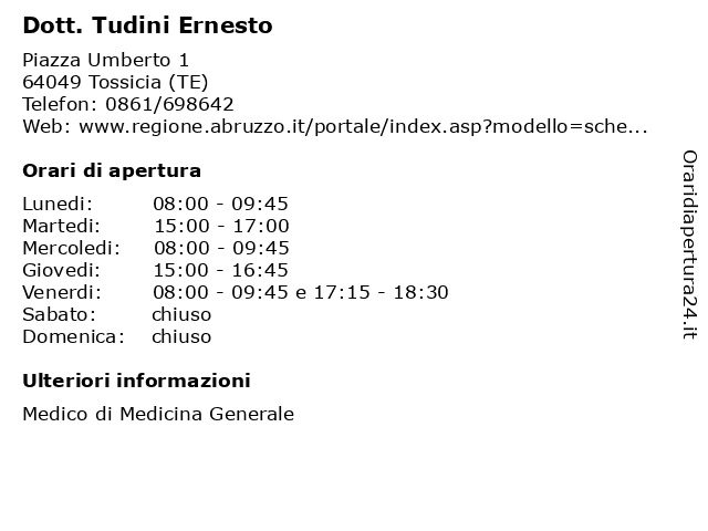 Dott. Tudini Ernesto a Tossicia (TE): indirizzo e orari di apertura