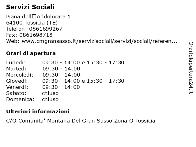 Servizi Sociali a Tossicia (TE): indirizzo e orari di apertura