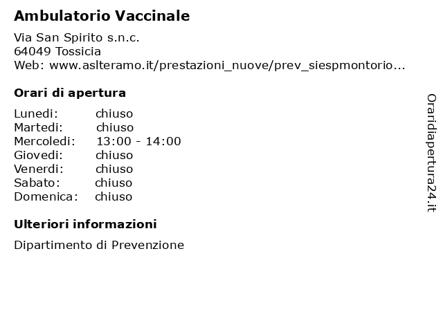 Ambulatorio Vaccinale a Tossicia: indirizzo e orari di apertura