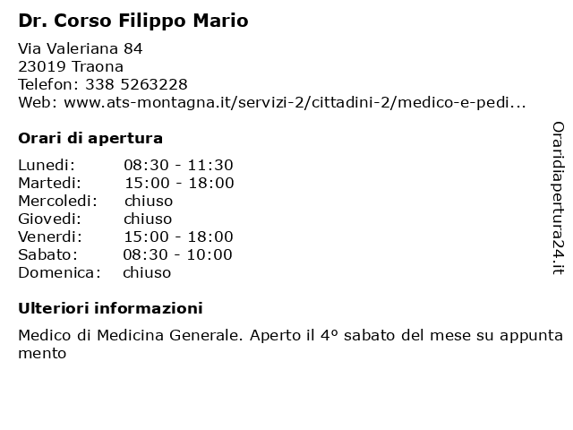 Dr. Corso Filippo Mario a Traona: indirizzo e orari di apertura